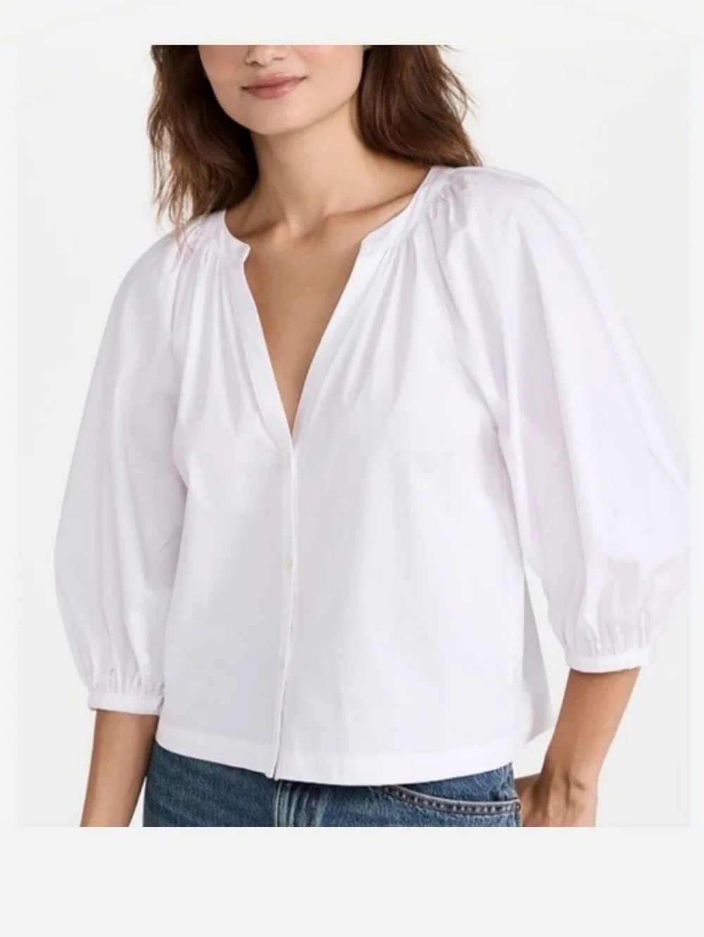 STAUD White V-Neck Button Poplin Blouse with Puff Sleeves